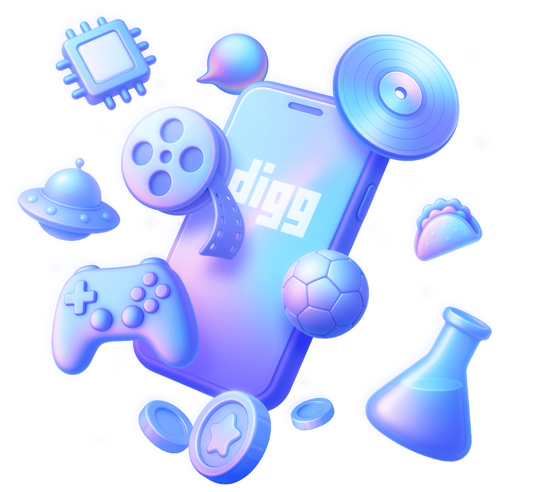 Digg logo on a phone with orbiting items in 3D